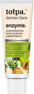 Beżowa tubka Tołpa enzyme. krem przeciw zaskórnikom z owocami, widok z przodu. Opisuje redukcję sebum i zaskórników.