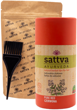 Sattva Ayurveda naturalna henna Pure Red w czerwonym cylindrycznym opakowaniu, z saszetką i pędzelkiem.