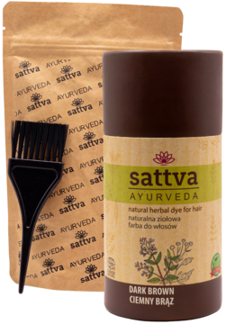 Sattva Ayurveda ziołowa farba do włosów Dark Brown, brązowy pojemnik i kraftowa saszetka z pędzlem.