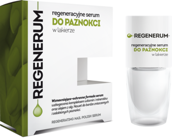 Regenerum regeneracyjne serum do paznokci w lakierze: białe opakowanie z zielonym motywem liści i butelka obok.