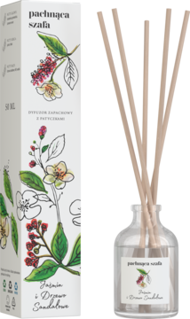 Dyfuzor pachnąca szafa, jaśmin & sandałowiec, z butelką i patyczkami oraz ilustrowanym opakowaniem kartonowym.