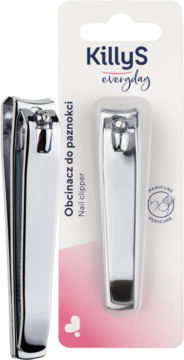 Duży obcinacz do paznokci KillyS everyday, srebrny, luzem i w opakowaniu blister z różowym akcentem. Precyzyjne cięcie.