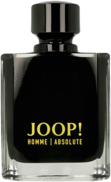 Joop! Homme Absolute, orientalna woda perfumowana męska. Czarna butelka ze złotym napisem, widok z przodu.