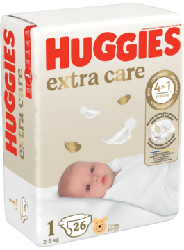 Białe opakowanie pieluch Huggies Extra Care rozmiar 1 (2-5kg) z wizerunkiem niemowlaka i złotym napisem, widok z przodu.
