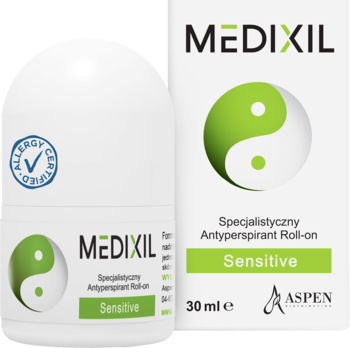 Medixil Sensitive antyperspirant roll-on 30 ml, biała butelka z certyfikatem Allergy Certified i pudełko.
