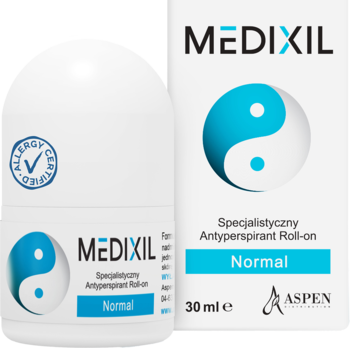 Biały antyperspirant roll-on Medixil do skóry wrażliwej, z niebieskim symbolem yin-yang, butelka obok opakowania.