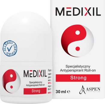 Biały antyperspirant MEDIXIL Strong roll-on z certyfikatem, widoczny z przodu obok opakowania 30ml.
