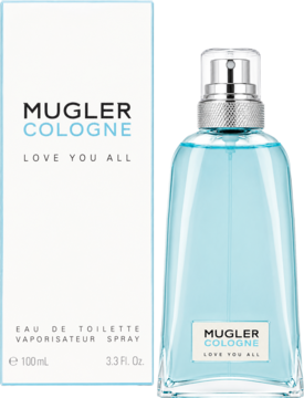 Mugler Cologne Love You All woda toaletowa 100ml, niebieska butelka z atomizerem i białe opakowanie, widok z przodu.