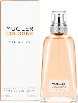Mugler Cologne Take Me Out, woda toaletowa dla kobiet w butelce z pomarańczowym płynem, obok białe pudełko.