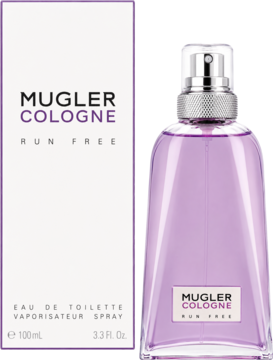Fioletowa butelka Mugler Cologne Run Free EDT 100ml i białe pudełko obok siebie na fioletowym tle.