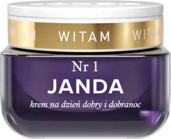 JANDA Nr 1, fioletowy słoik kremu na dzień i noc ze złotą nakrętką WITAM, widok z przodu.