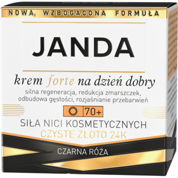 JANDA krem forte na dzień dobry 70+ w kwadratowym złoto-czarnym słoiku, widok z przodu. Czyste złoto 24K.