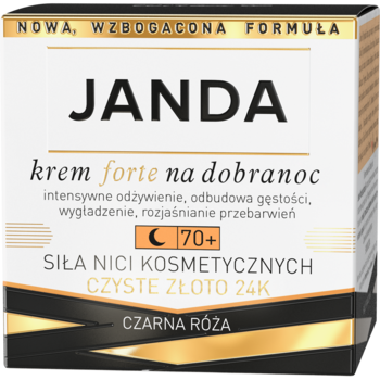 JANDA krem na noc forte 70+ ze złotem 24K i nićmi, biało-złote pudełko z czarną różą, widok z przodu.