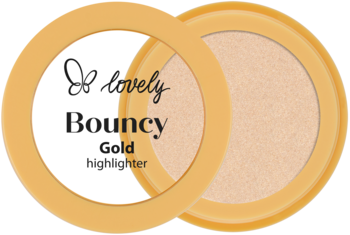 Rozświetlacz do twarzy Lovely Bouncy Gold, w okrągłym, otwartym złotym opakowaniu z błyskiem.