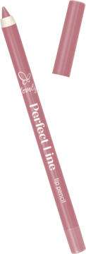 Różowa kredka do ust Lovely Perfect Line nr 5, otwarta, z widoczną końcówką i nakładką obok, na czarnym tle.