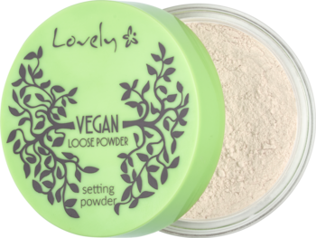Lovely Vegan Transparent Loose Powder do utrwalania makijażu, otwarte opakowanie z zieloną nakrętką w liście.