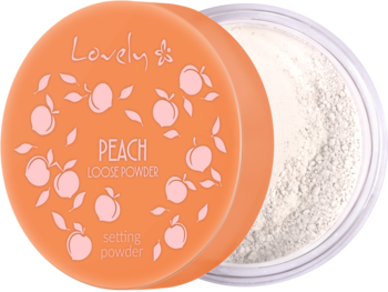 Lovely Peach Loose Powder, otwarty transparentny puder do twarzy w brzoskwiniowym słoiczku z białym proszkiem.