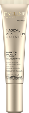 Beżowa tuba korektora Eveline Magical Perfection Concealer z kwasem hialuronowym, widok z przodu.