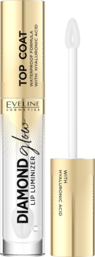 Eveline Diamond Glow Lip Luminizer, bezbarwny błyszczyk TOP COAT z kwasem hialuronowym, otwarty, widoczny aplikator.