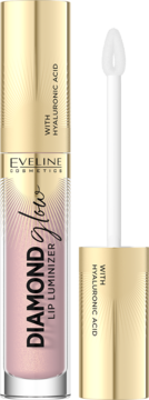 Eveline Diamond Glow Lip Luminizer, różowy błyszczyk z kwasem hialuronowym, otwarty z aplikatorem obok.