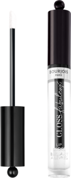 Transparentny błyszczyk Bourjois Gloss Fabuleux z otwartą tubką i wyciągniętym aplikatorem.