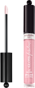 Jasnoróżowy błyszczyk Bourjois Fabuleux Gloss z shimmerem, z widocznym aplikatorem obok opakowania.