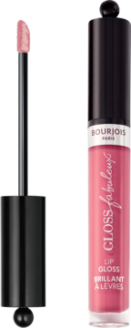 Różowy błyszczyk Bourjois Fabuleux Gloss, z aplikatorem obok transparentnej tubki.