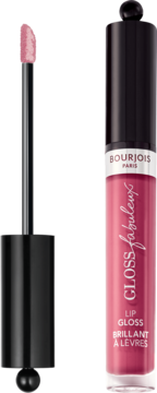 Różowy błyszczyk Bourjois Fabuleux Gloss z aplikatorem obok, pokazującym jasnoróżowy odcień produktu.
