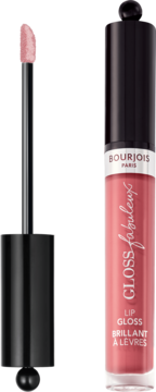 Bourjois Fabuleux Gloss, brzoskwiniowo-różowy, przezroczysta tubka i aplikator na fioletowym tle.
