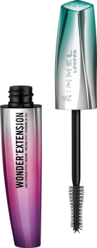 Rimmel Wonder’Extension tusz do rzęs, otwarta fioletowo-srebrna tubka z turkusową zakrętką i szczoteczką.