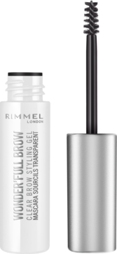 Rimmel Wonder'Full Brow przezroczysty żel do stylizacji brwi, otwarta tubka ze szczoteczką.