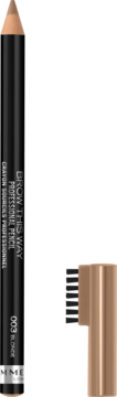 Rimmel Brow This Way 003 Blonde kredka do brwi, czarno-brązowa, ze szczoteczką obok.