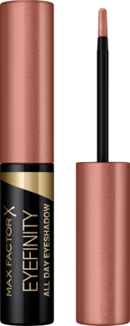 Max Factor Eyefinity All Day Eyeshadow 01 Lovely Rose, płynny, metaliczny cień i eyeliner w butelce, otwarty z aplikatorem.