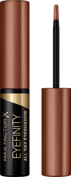 Max Factor Eyefinity Teasing Bronze, brązowy cień w płynie, błyszcząca butelka obok otwartej z aplikatorem.