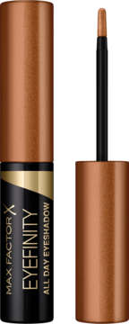 Max Factor Eyefinity All Day Eyeshadow, czarno-brązowa butelka z otwartym aplikatorem prezentującym lśniący, miedziany cień.