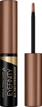 Max Factor Eyefinity All Day Eyeshadow 08 Soft Chestnut. Brązowy cień w czarnej butelce, otwarty aplikator.