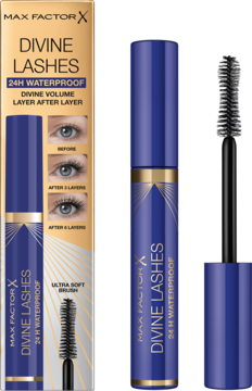 Max Factor Divine Lashes tusz wodoodporny, granatowy z detalami złota, widok produktu w pudełku i z otwartą szczoteczką.