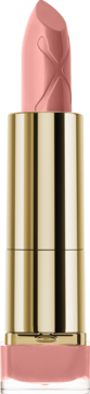 Pomadka Max Factor Colour Elixir Simply Nude, otwarta, złota tubka z beżowym sztyftem i logo X.