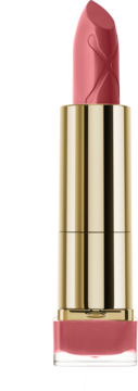 Pomadka Max Factor Colour Elixir Burnt Caramel, różowo-brązowy sztyft ze złotym opakowaniem i logo X, otwarta.