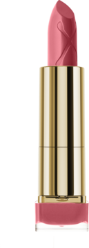 Różowa pomadka Max Factor Colour Elixir w złotej obudowie, z wytłoczonym logo, przezroczysta podstawa, widok z przodu.