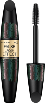 Max Factor False Lash Effect Deep Raven Black mascara, otwarta tubka z łuskowatym wzorem i wyjęta szczoteczka.