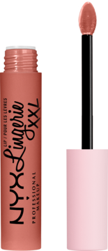 NYX Lingerie XXL, płynna szminka w odcieniu nude, otwarta tubka i aplikator z matową formułą.