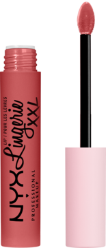 NYX Lip Lingerie XXL, matowa płynna pomadka w tubce koloru różanego beżu, z wysuniętym aplikatorem.