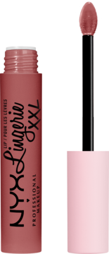 NYX Lingerie XXL matowa pomadka w płynie w otwartej, brązowej tubce z aplikatorem.