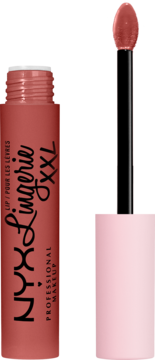 Zbliżenie na otwartą matową pomadkę NYX Lingerie XXL w odcieniu brudnego różu, widoczny aplikator z płynem.