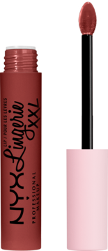 Płynna matowa pomadka NYX Lingerie XXL w odcieniu ceglastym, otwarta tubka z aplikatorem z różową rączką.
