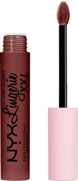 NYX Professional Makeup Lip Lingerie XXL, brązowa matowa pomadka w płynie, butelka otwarta z widocznym aplikatorem.