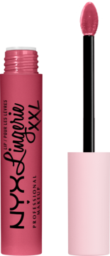 Zbliżenie na otwartą tubkę matowej płynnej pomadki NYX Lingerie XXL w odcieniu różu, z wysuniętym aplikatorem.