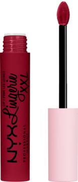 NYX Lingerie XXL, matowa pomadka w płynie w głębokiej czerwieni, z wyjętym aplikatorem, widok z przodu.