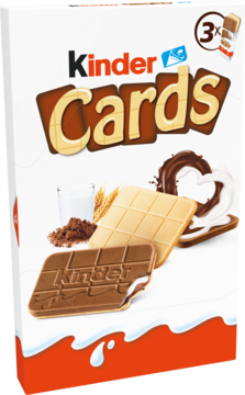 Białe opakowanie Kinder Cards z chrupiącymi wafelkami mlecznymi i kakaowymi, ikoną 3x, widok pod kątem.